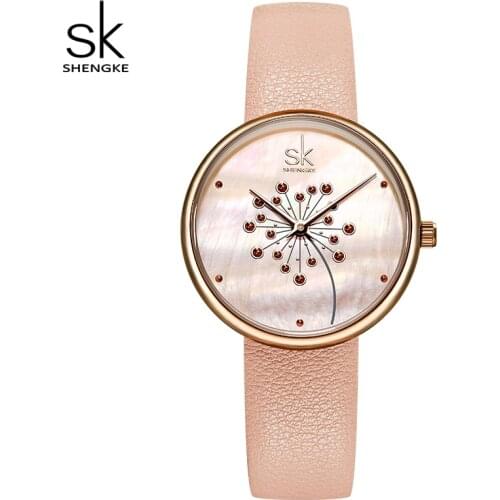 Shengke New Fashion Watch Women Shell Flower Dial Pink Leather Fresh Style Youth Ladies Clock Japanese Movement Montre Femme