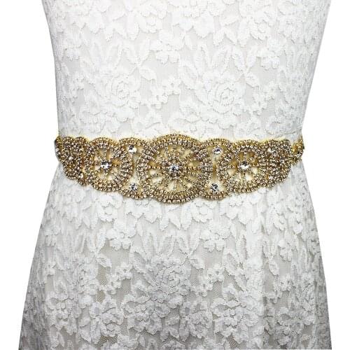 Elegant White Ribbon Shiny Gold Rhinestone Wedding Belt Bride Sash Evening Dress Sash Belts