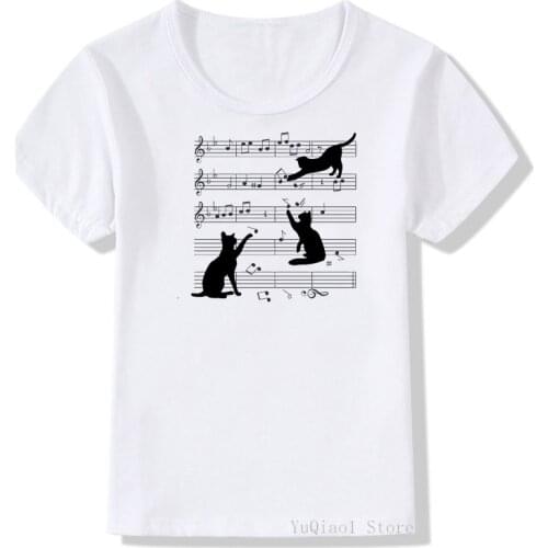 Cute Black cat with music notes print funny kids t shirts summer white top for boys girls kittens print t-shirt unisex tshirt