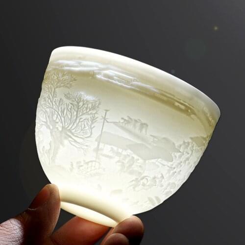 1pcs Chinese Sculpture Transparent Ceramic Single Cup Teacup Small Tea Cups Small Coffee Tea Cups Home Living Room Table Present