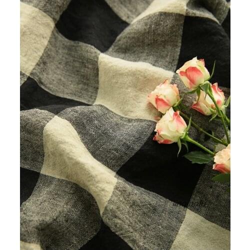 Classic black and white large plaid dyed high-end pure linen fabric High-end clothing linen fabric