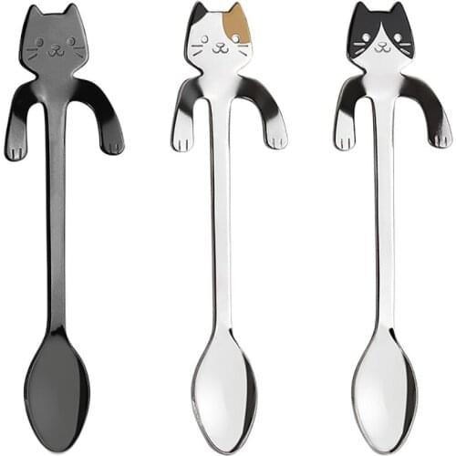 Hot sale coffee spoon Mini 304 Stainless Steel Cartoon Cat Spoon Long Handle Flatware Coffee Drinking Tools Kitchen Gadget