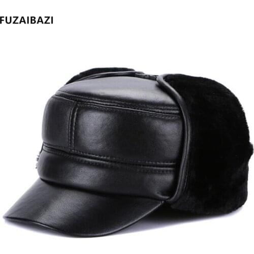 FUZAIBAZI Fashion New Middle-Aged Genuine Leather Hat Winter Earmuffs Thermal Sheepskin Military Hats Thicken Velvet Flat Cap