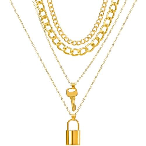 Trendy Multi-layer Personality Necklace Golden Color Lock Key Pendant For Women Jewelry Gift Link Chain Necklace Collar