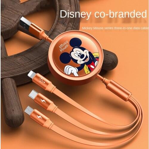Genuine Disney Mickey Data Line 3 In 1 Cable for Android Iphone XIAOMI Type-c Mobile Phone Multi-function Usb Car Charge Cable