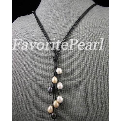 New Perfect Favorite Pearl Necklace 8-10mm 21'' White Pink Black Real Freshwater Pearl Black Rope Necklace Charming Women Gift