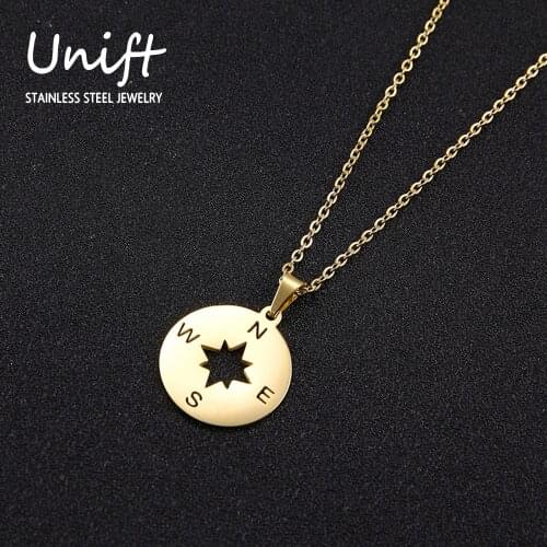Unift Stainless Steel Round Compass Necklace For Women Men Vintage Jewelry Accessories Travel Graduation Gifts Gold Silver Color