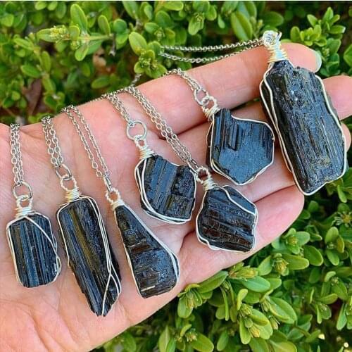 Natural Stone Pendant Pendulum Wire Wrapped Crystal Necklace Irregular Nuggets Black Tourmaline Quartz Necklace Reiki Healing