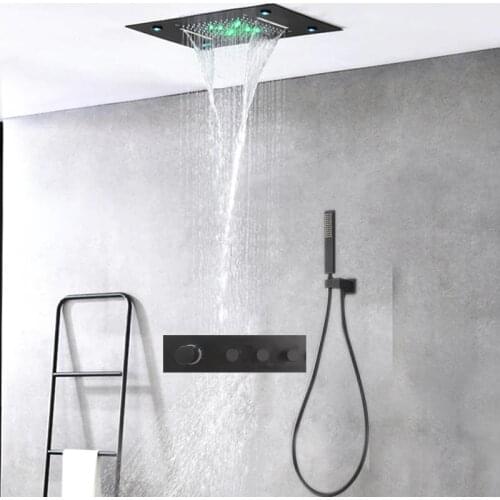 Luxury Rain Shower Systems Stainless Steel Black Shower Head Big LED Light 360*500mm Thermostat Bathroom Faucet Sets Waterfall