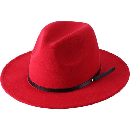 New Fashion Men Women Unisex Wide Brim Panama Hat Vintage Autumn Winter Felt Fedoras Hat with Slim Belt Black Gray Red Blue