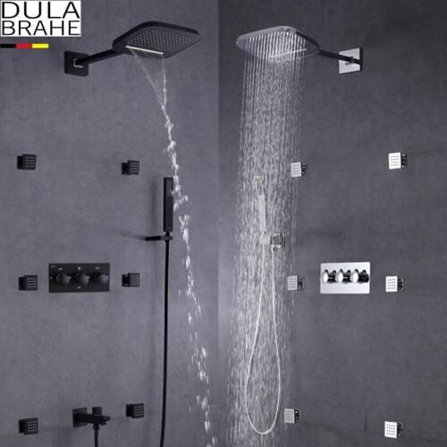 DULABRAHE Waterfall Bathroom Shower Mixer Faucet Set Wall Mounted Rain Bath Shower Head Tap Black / Silver