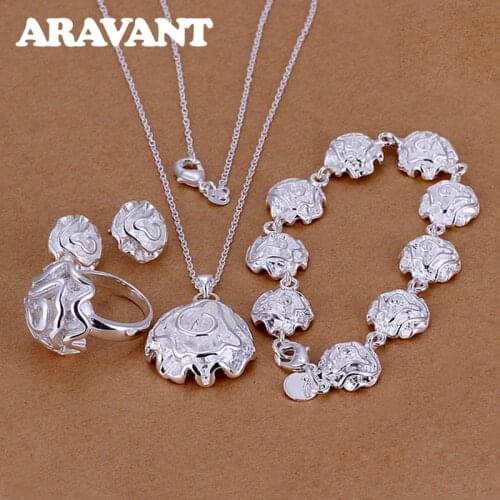 Wedding Bridal Jewelry Set Silver 925 Rose Flower Pendant Necklace Chain Earring Ring Bracelet For Women