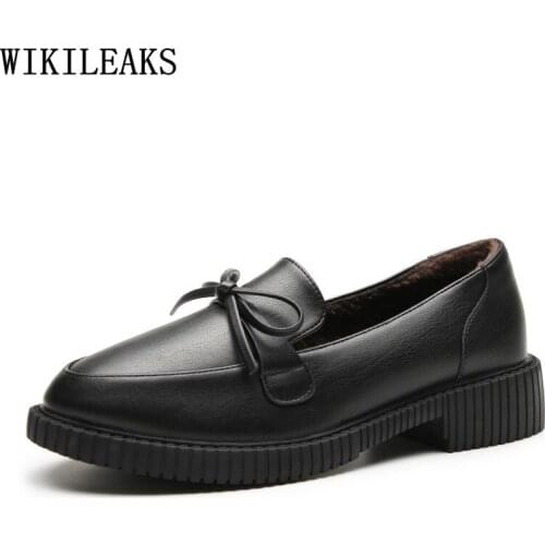 Leather Casual Shoes Korean Fashion Loafers Women Butterfly Knot Slip on Shoes for Women Block Heels Oxford Shoes for Women