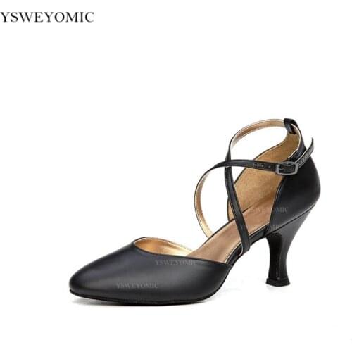 Women Ballroom Dance Shoes Suede Outsole Soft Comfortable Heels Black Leather Latin Ballroom Dance Shoes Low Heel