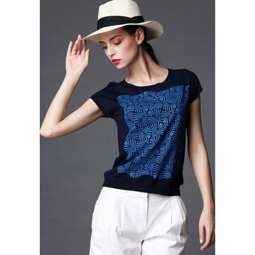 Silk cotton blend knit women spring summer fashion patchwork printed tshirt pullover short sleeve tees Oneck S/36-XL/42