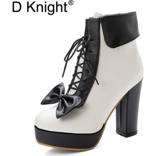 Big Size 34-48 Women Ankle Boots Lolita Shoes Sweet Bow Lace Up Thick High Heel Western Boots Shoes Woman Short Plush Lady Shoes