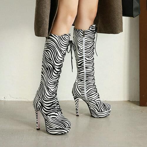 2021 New PU Leather Women Knee High Boots Platform Thin High Heel Ladies Long Boots Zebra Pattern Snake Print Ladies Winter Shoe
