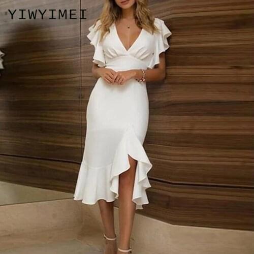 Za Woman Dresses White Solid Ruffle Sexy Deep V Neck Dress Women Summer 2021 Short Sleeve Dress Vintage Midi Vestidos