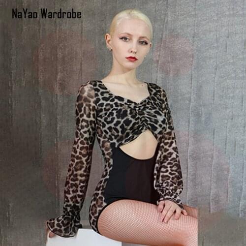 2021 New DL514 Latin Dance Dress Women Bodysuit Leopard Patchwork Tops Ballroom Tango Chacha Dancing Performamnce