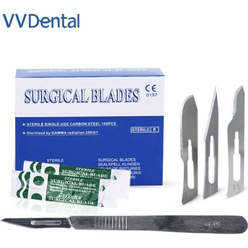 100pcs/Box Dental Surgical Scalpel Sterilized Blades Carbon Steel #10 #11 #15 with 1PC #3 Scalpel Handle Dental Material