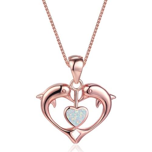 White Blue Opal Love Heart Necklace Cute Two Dolphin Pendant Necklaces For Women Animal Jewelry Vintage Rose Gold Chain Necklace