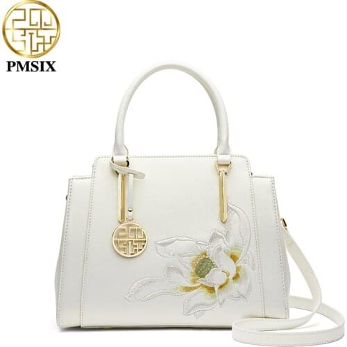 PMSIX White Embroidered Women Handbags Luxury Designer Shoulder Bags Large-capacity Handbag Elegant Fashion Leather Female Bag