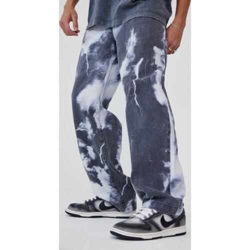 Men Loose Skate Denim Pants 2021 Adults Color Block Lightning Cloud Print Trousers with Pockets S-2XL