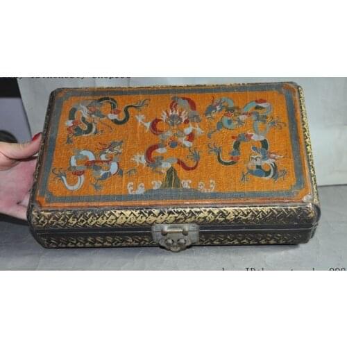 Old China nobility lacquerware wood Hand-carved Dragon palace jewelry box boxes