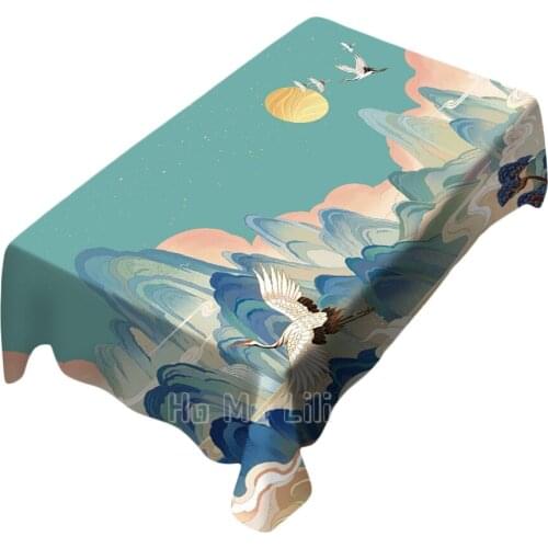 Chinese Classic Painting Mountain Sunset White Crane Tablecloth Indoor And Outdoor Art Decoration