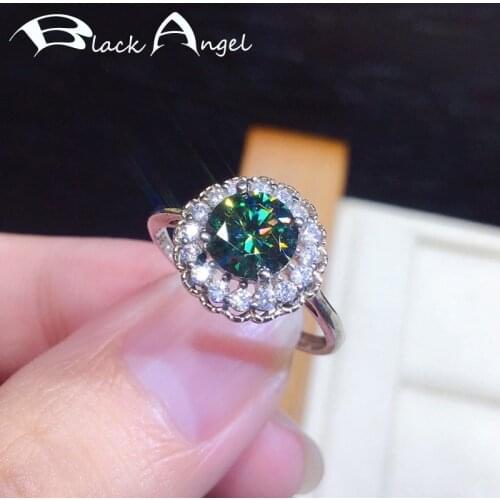 BLACK ANGEL 925 Silver Flower Shaped Luxury Created Green Blue Moissanit Gemstone Resizable Ring For Women Jewelry Wedding Gift