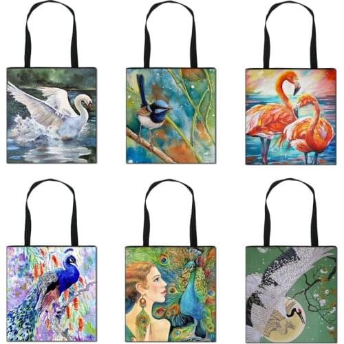 Flying crane /Peacock/swan/parrot Print Handbag for Travel Girls Handbags Casual Totes Bag Women Storage Shopping Bags Gift
