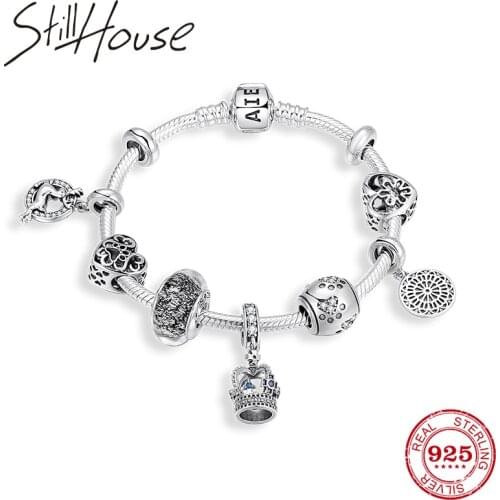 Fashion Silver 925 Snake bone chain Bracelet Bangle Round shape charms With Crown Pendant for Women Wedding Jewelry