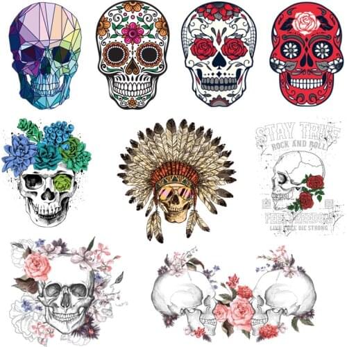 Fashion Punk Skull Patches Print On T-shirt A-level Washable Iron On Transfer Colorful Sugar Skull Thermal Patches Decor Z-13