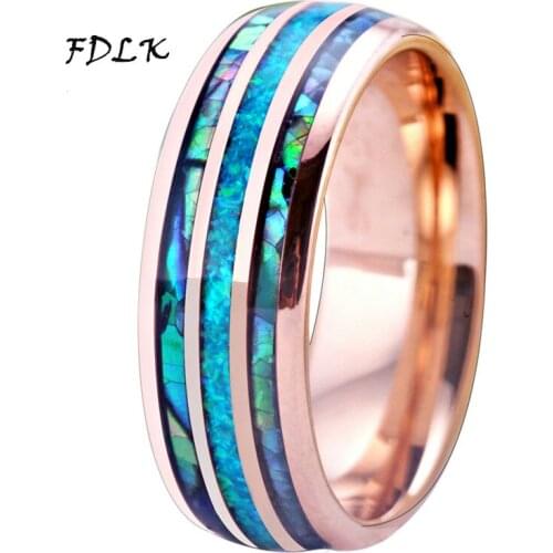 FDLK 8mm Rose Gold Ring Abalone Pattern Opal Inlaid Mens Ring Stainless Steel Wedding Party Jewelry Mens Gift Size 6-13