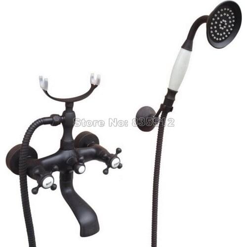 Bathroom Wall Mounted Black Oil Rubbed Bronze Handheld Shower Head Clawfoot Bath Tub Mixer Tap with Dual Handles Faucet Wtf611