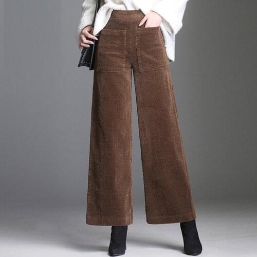 Fall Winter Fashion Women Wide Leg High Waisted Black Corduroy Pants , Autumn Casual Loose 4xl Ankle Length Trousers For Woman