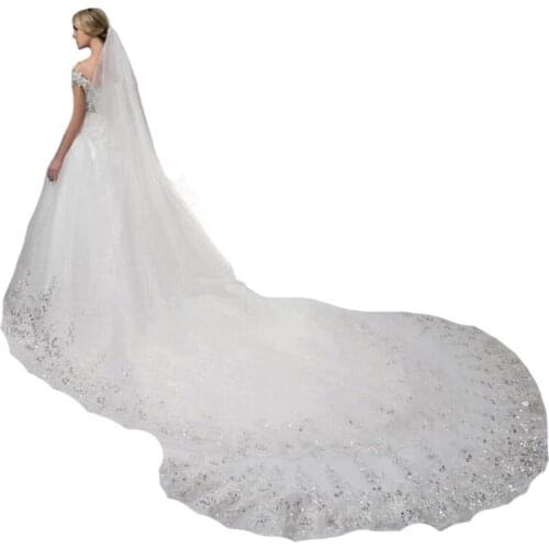 Luxurious Bridal Veils Long Lace Appliques Beads Wedding Veils Bridal Tulle Veil Wedding Accessories Popular Lace Wedding Shawl