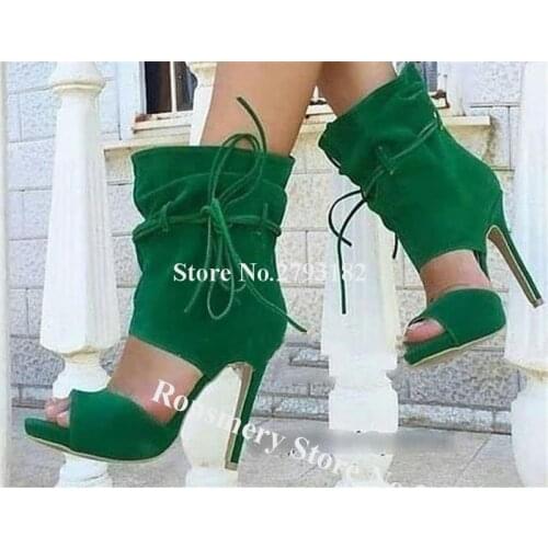 Western Fashion Peep Toe Suede Leather Stiletto Heel Pleated Short Gladiator Boots Black Green Elastic Bands Ankle Booties