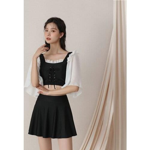 2021 New Korean Style Sexy One Piece Swimsuit Women Solid Swimwear Long Sleeve Monokini Swim Suit Pad Bathing Suit Swimskirt