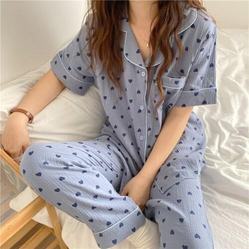 Women pajama set short sleeve love heart print cotton sleepwear 2 piece set homewear clothes blouse pijamas pants home suit Y439