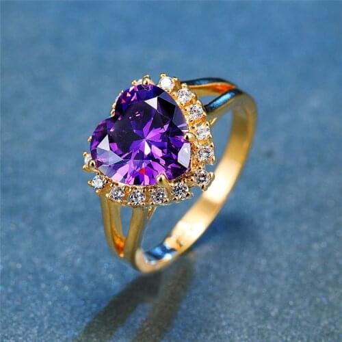 Vintage Female Purple Crystal Big Ring Dainty Gold Color Hollow Wedding Ring Luxury Love Heart Thin Engagement Rings For Women