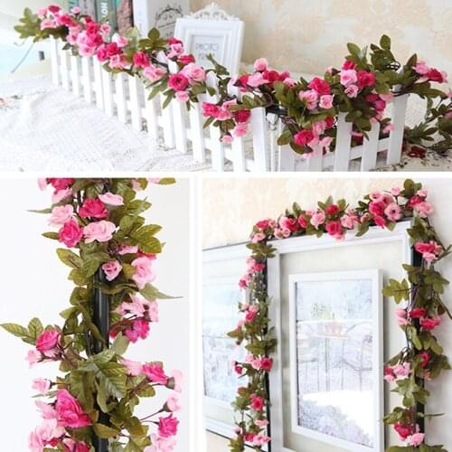 100pcs/lot Artificial Silk Rose Flower Foliage String Vine For Wedding Garland Hanging Home Garden Decoration 250cm/ 98inches
