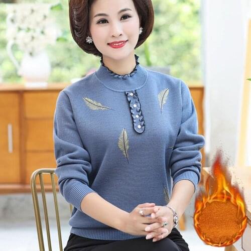 2021 Warm middle-aged Womens plus velvet thick Knitted Sweater temperament mother Autumn Tops Women Winter Pullover Shirt X247