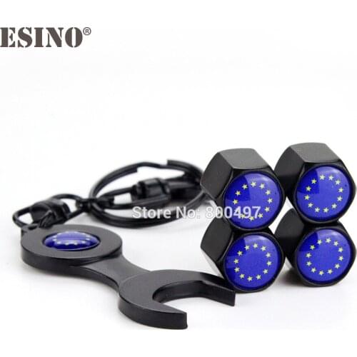 4 x Car Styling Stainless Steel Zinc Alloy Wheel Tire Valve Stems Caps EU Flag Universal Fit With Mini Wrench Key Chain