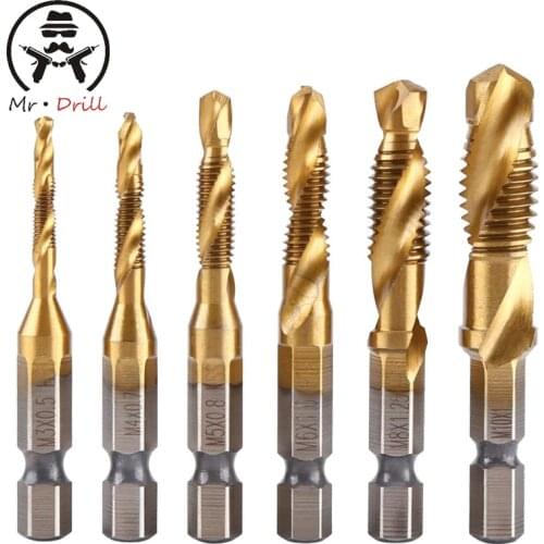 6pc/set Tap Hex Shank HSS 4341 Screw Spiral Point Thread Metric Plug Drill Bits M3 M4 M5 M6 M8 M10 Combination 1/4 Inch Hex
