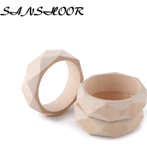 SANSHOOR Natural Wood Bangle Unfinished Raw Round Bracelet 6.8cm Diameter Fit Diy Painting For Women Jewelry As Gifts 6Pcs