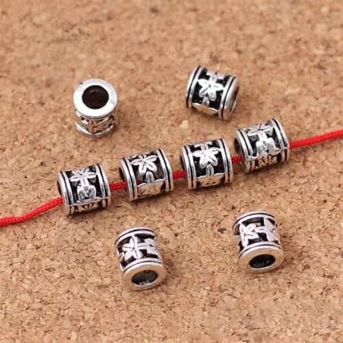 20pcs Tibetan Silver Hollow Out Flower Tube Beads 6.5mm Decorations Beard/Wig Handmade Big Hole Spacer Beads DIY Jewelry Making