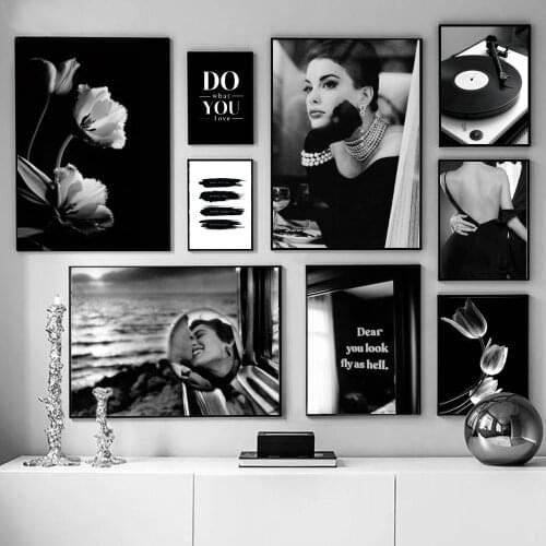 Black and White Nordic Poster Fresh Flowers Vintage Record Player Canvas Painting Wall Art Pictures for Living Room Home Decor