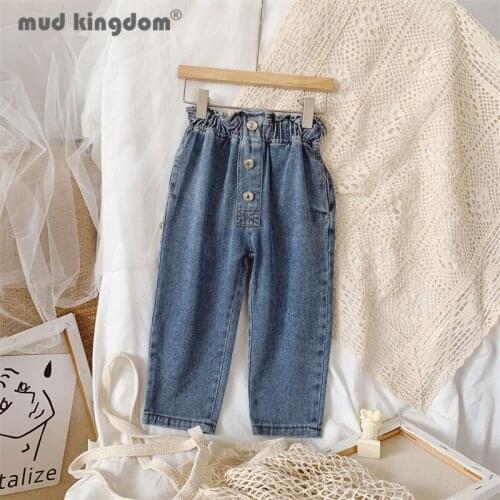 Mudkingdom Girls Jeans Solid High Waist Slant Pocket Loose Denim Pants for Toddler Casual Fashion Trousers Children Clothing