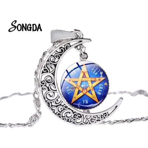 Divination Witchcraft Pentagram Statement Necklace Ancient Silver Color Moon Pendant Necklace Five-Pointed Star Jewelry Collares